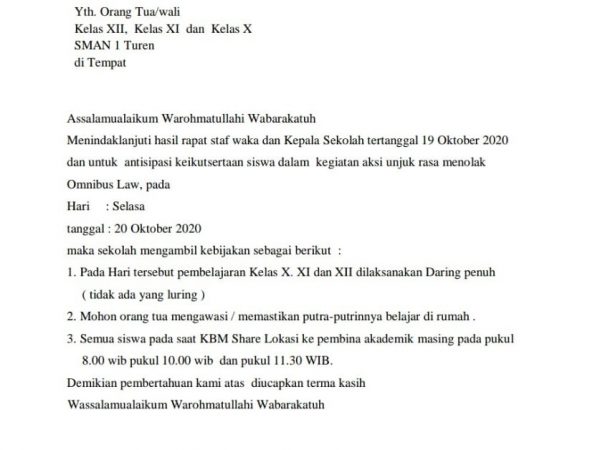 SMA NEGERI 1 TUREN Meniadakan Pembelajaran Luring Tanggal 20 Oktober 2020
