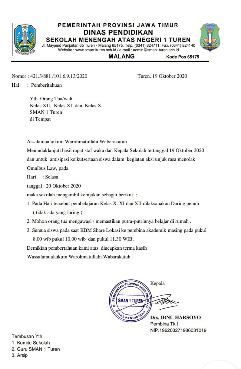 SMA NEGERI 1 TUREN Meniadakan Pembelajaran Luring Tanggal 20 Oktober 2020 SMA NEGERI 1 TUREN Meniadakan Pembelajaran Luring Tanggal 20 Oktober 2020